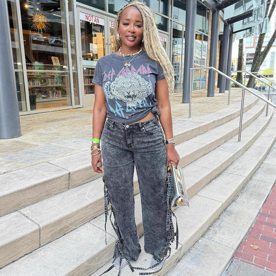 European and american style jeans  cross-border women's fashion hot girl washed slit tie-up denim high waist pants
