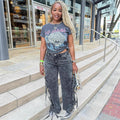 European and american style jeans  cross-border women's fashion hot girl washed slit tie-up denim high waist pants