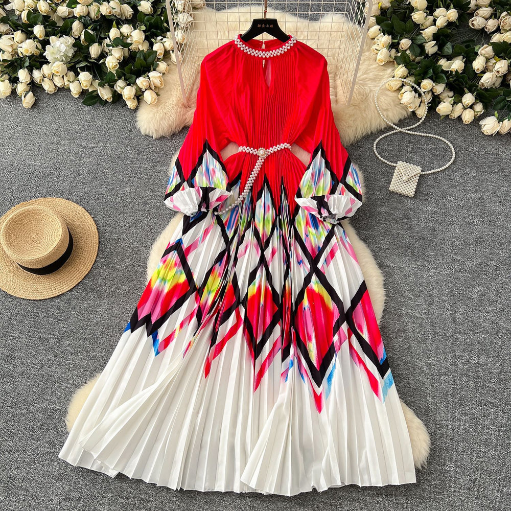 European and american style high-end round neck beaded lantern sleeve pearl belt waist-defining elegant long printed pleated dress