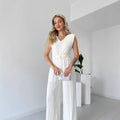 Amazon fashion cross-border women's clothing  autumn new style pure color sleeveless round neck silm pleated straight-leg jumpsuit