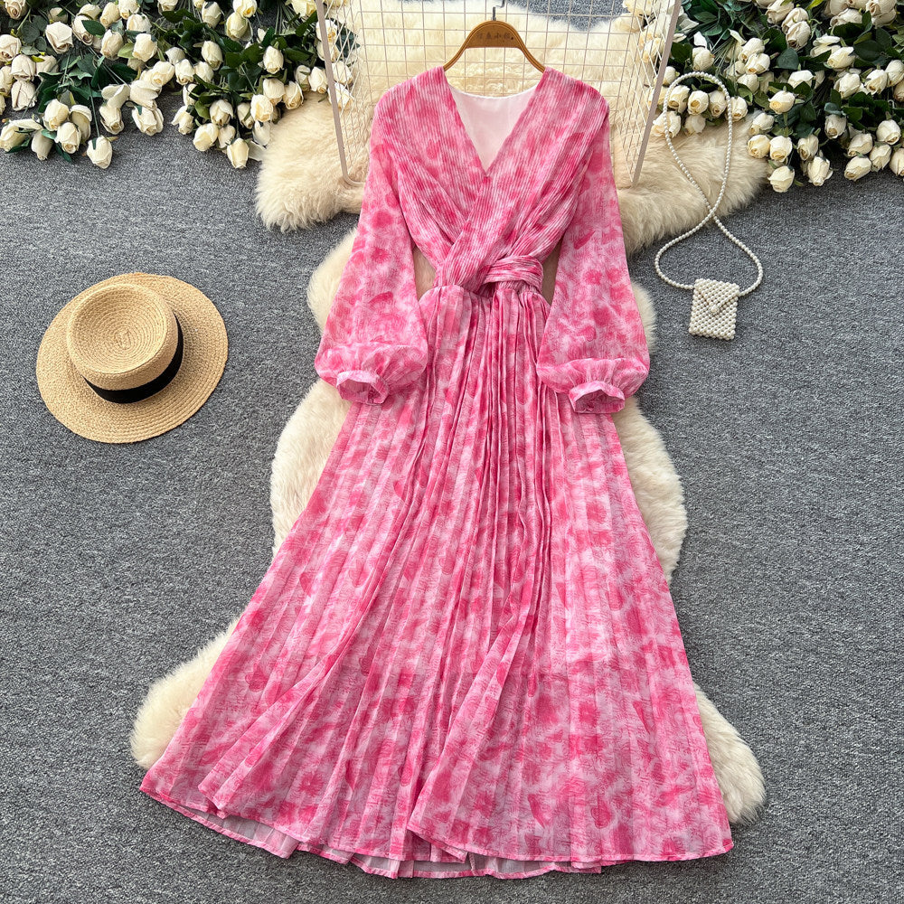 French riviera style v-neck lantern sleeve printed dress - women's summer korean style slimming a-line maxi dress