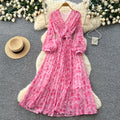 French riviera style v-neck lantern sleeve printed dress - women's summer korean style slimming a-line maxi dress