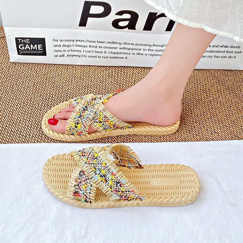 2024 summer new women's fashion slippers retro colorful braided criss-cross strap sandals women's outdoor versatile beach shoes