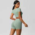 European and american nude feel quick-dry short sleeve yoga set with padded bra, compression workout training shorts, running fitness outfit