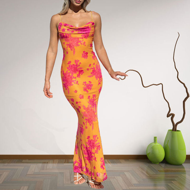 cross-border e-commerce women's fashion: european and american summer new arrivals - sexy printed tie-waist bodycon slip dress
