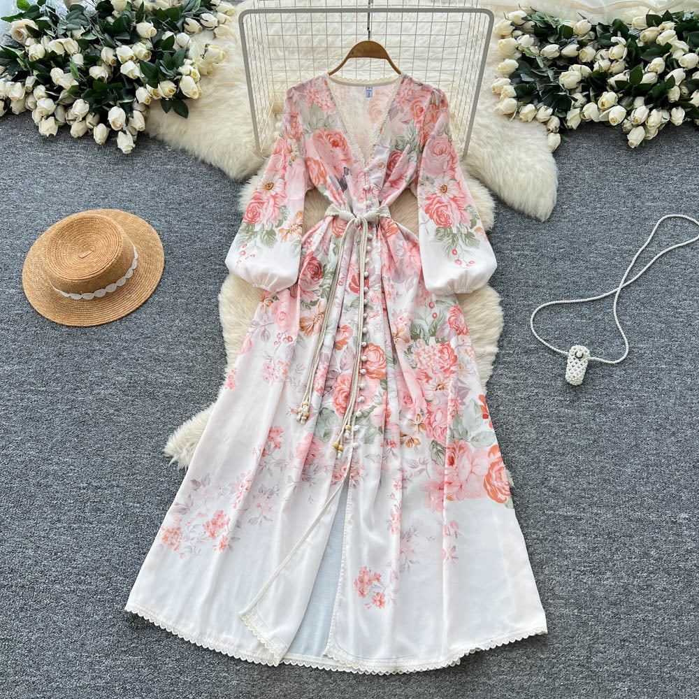 French chic vintage court style dress - women's autumn tie-waist v-neck single-breasted printed maxi dress