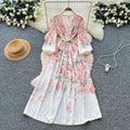 French chic vintage court style dress - women's autumn tie-waist v-neck single-breasted printed maxi dress