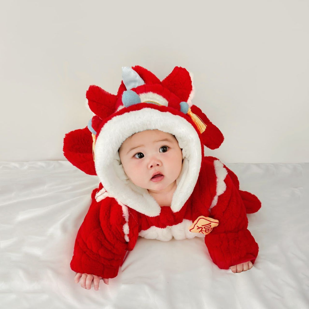 Baby boys' and girls' fleece-lined, extra-thick winter outfit - festive new year's bodysuit - super cute and trendy newborn baby's new year's greeting winter wear