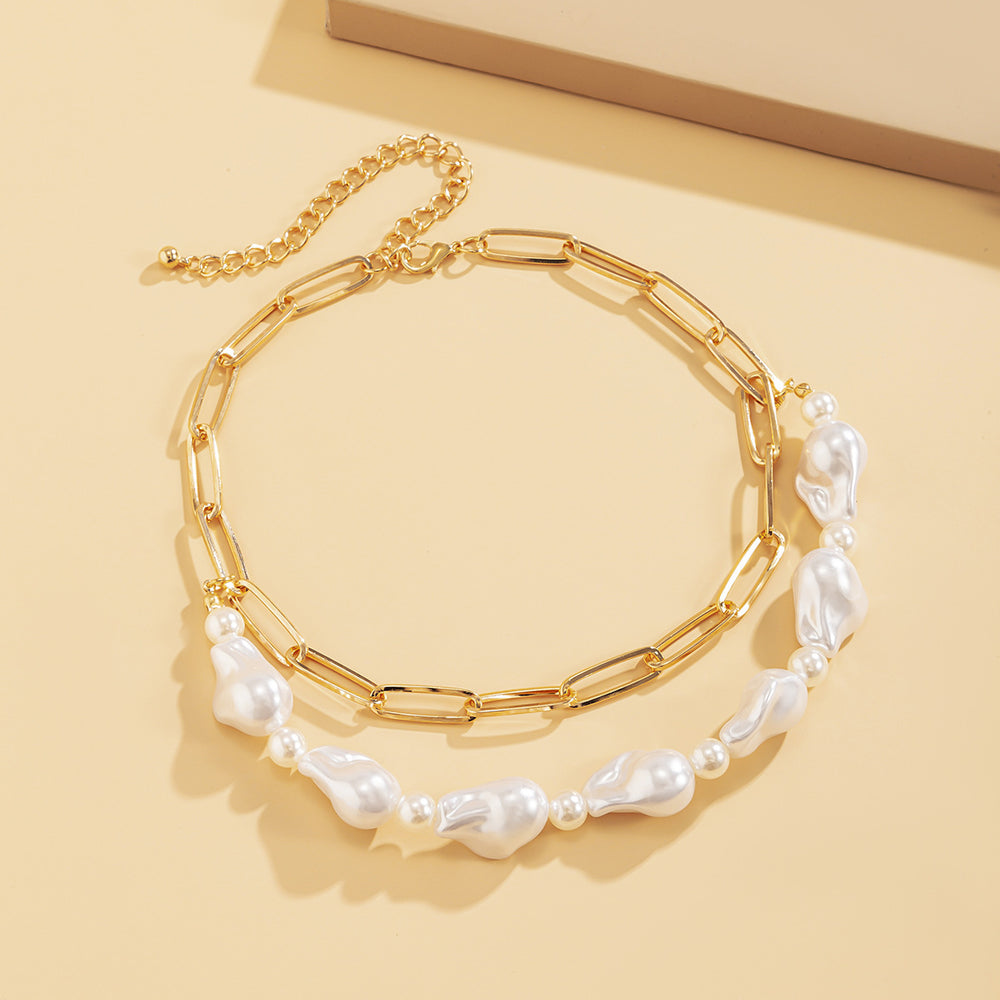 Simple and elegant special-shaped imitation pearl necklace, cool style multi-layer chain necklace, fashion cross-border