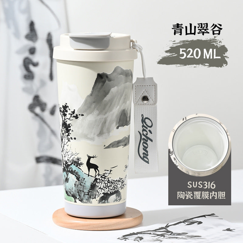 Ink style national trend portable thermos cup chinese style double drinking lid coffee cup 316 stainless steel ceramic liner water cup