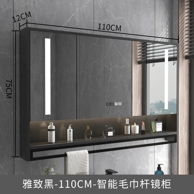 Smart bathroom mirror cabinet wall-mounted with lamp defogging separate solid wood mirror cabinet with towel bar bathroom storage mirror case