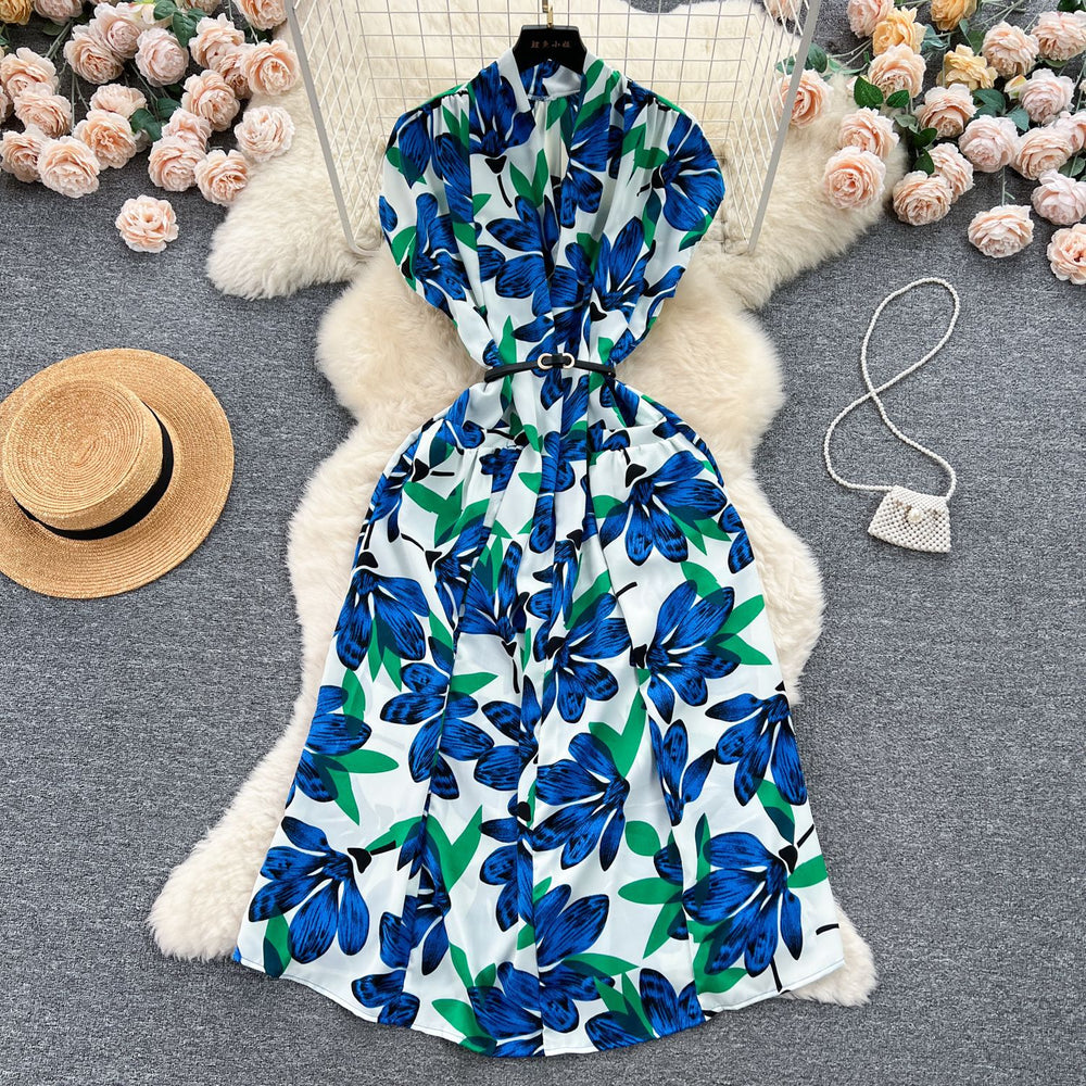 Luxury retro v-neck printed dress - women's summer french style tie-waist loose fit slimming midi shirt dress