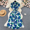 Luxury retro v-neck printed dress - women's summer french style tie-waist loose fit slimming midi shirt dress