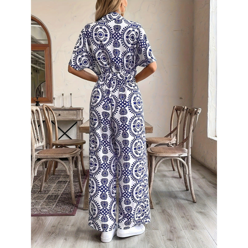 code new arrival  original women's elegance ethnic style lapel printing short-sleeved jumpsuit
