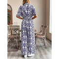 code new arrival  original women's elegance ethnic style lapel printing short-sleeved jumpsuit