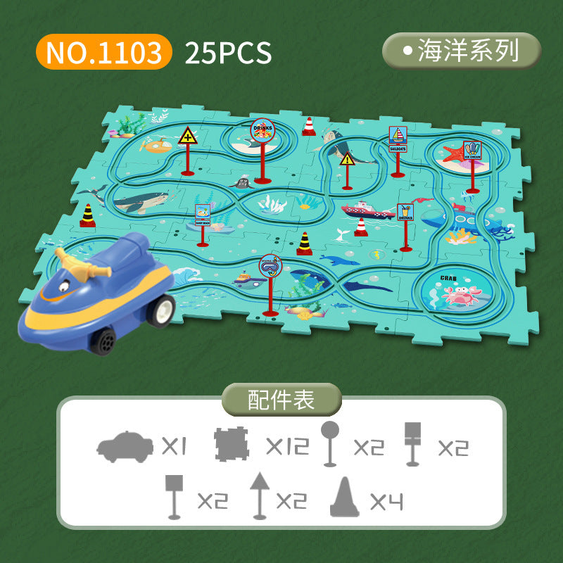 Diy children's educational track car set - multiple scene city map building electric puzzle track car