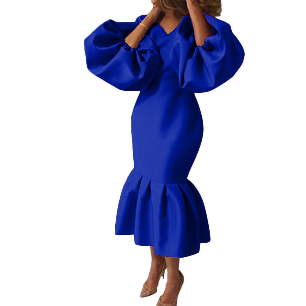 D115 cross-border sourcing: african plus-size women's fashion - solid color v-neck bubble sleeve fishtail dress, european and american style evening gown