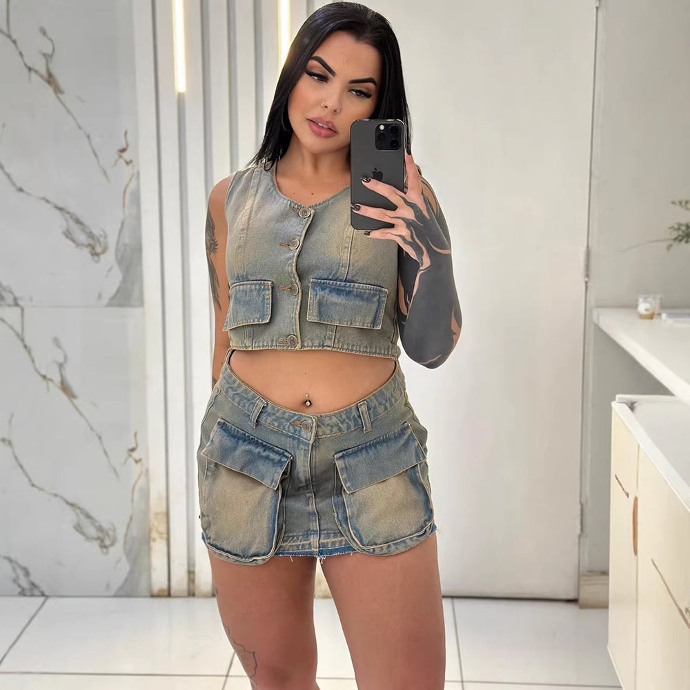 European and american style denim skirt suit  cross-border women's clothing short sleeveless vest vest raw edge flap pocket pants short skirt