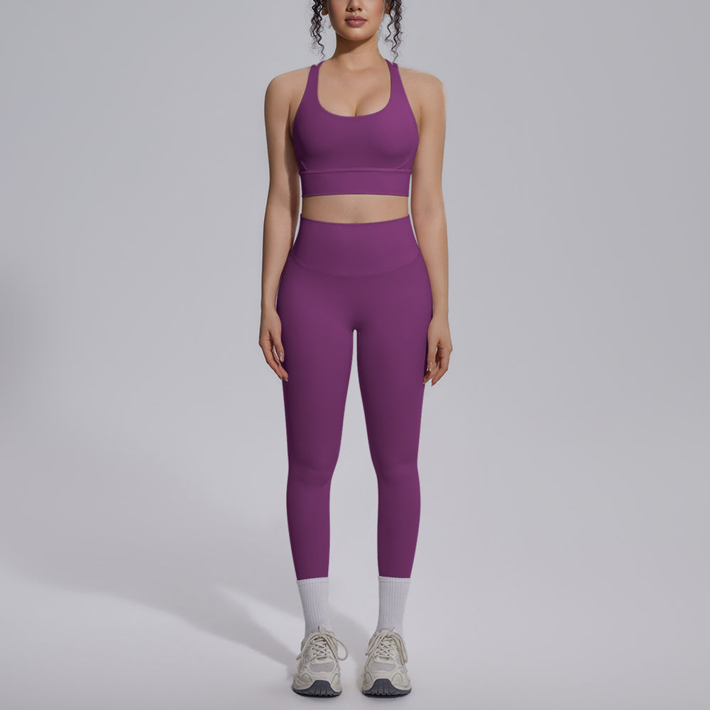 double-sided nylon pure color cross-back tight nude sportswear suit running fitness yoga suit suit