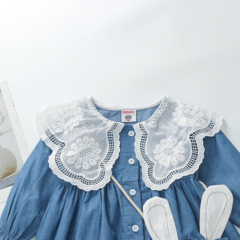 Girls' spring/autumn outfit  new style faux two-piece dress shirt dress, long-sleeved princess dress for toddlers and young children, stylish skirt