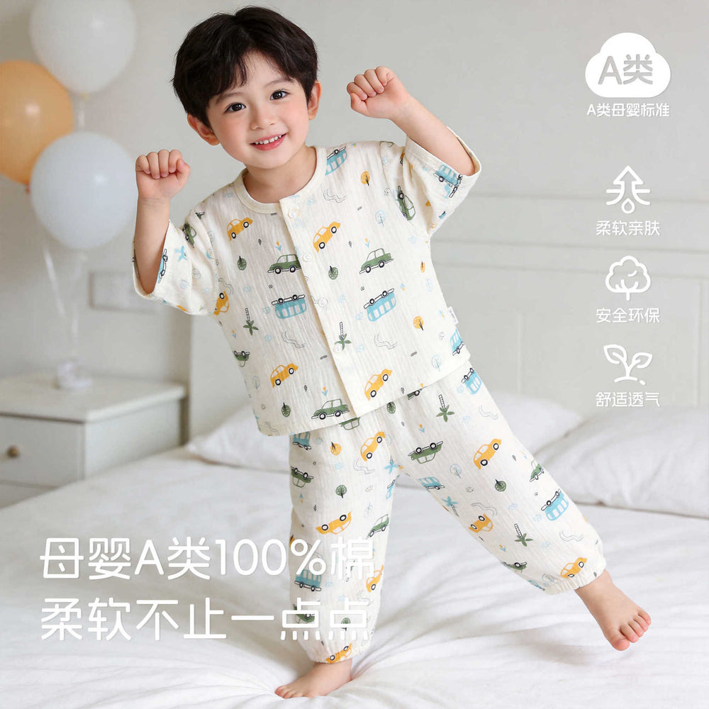 Baby pajamas gauze pure cotton spring summer thin baby air conditioning home clothes separatestwo-piece set men's and women's children