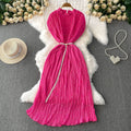 Elegant and sophisticated, this heavy-beaded, ruffled-edge, round-neck dress is a stunning new addition to your summer wardrobe. designed to flatter, it features a cinched waist and a slimming silhouette, finished with a pleated maxi skirt