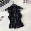 French chic ruffle trim top - women's designer sleeveless chiffon blouse with exquisite rhinestone embellishments and halter neck detail. a unique and elegant piece