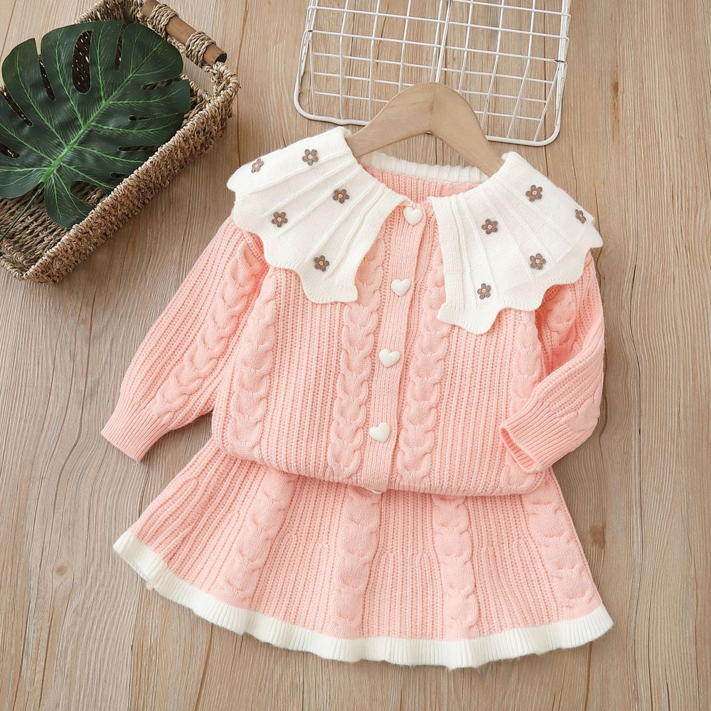 Girls' knitted sweater dress set - two-piece outfit, new autumn/winter  collection, handmade floral cardigan top and skirt set for little girls