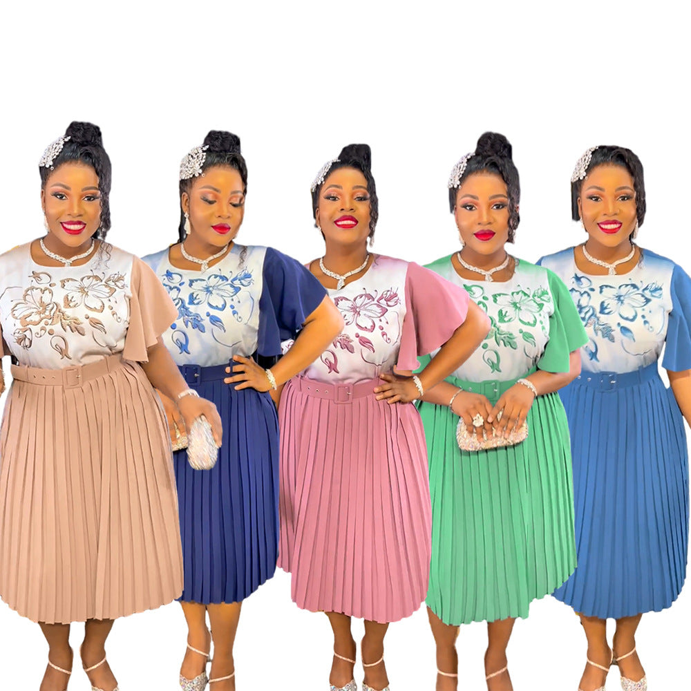 Aliexpress women's printed dress african cross-border trade new style maternity plus size pleated skirt with belt