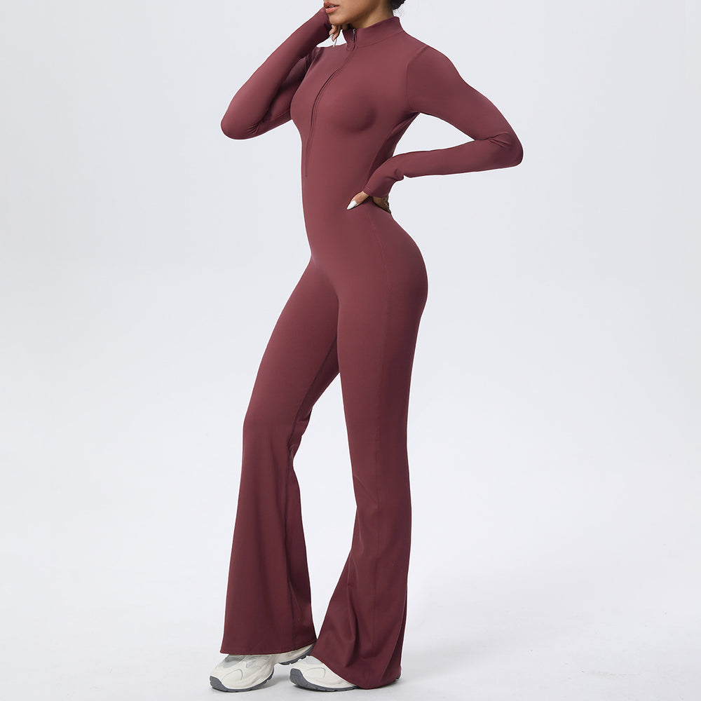 New arrival nude yoga jumpsuit all-in-one stand collar quick-drying sports jumpsuit wide leg running fitness suit for women