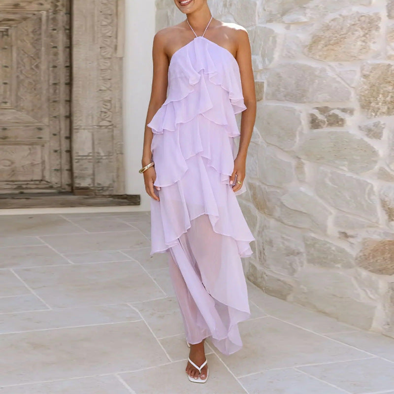 european and american export women's clothing: new summer elegant halter neck ruffle solid color vacation style maxi dress
