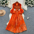 Miya european and american dress women's 2025 autumn tie-waist collared 3d floral lantern sleeve pleated maxi dress