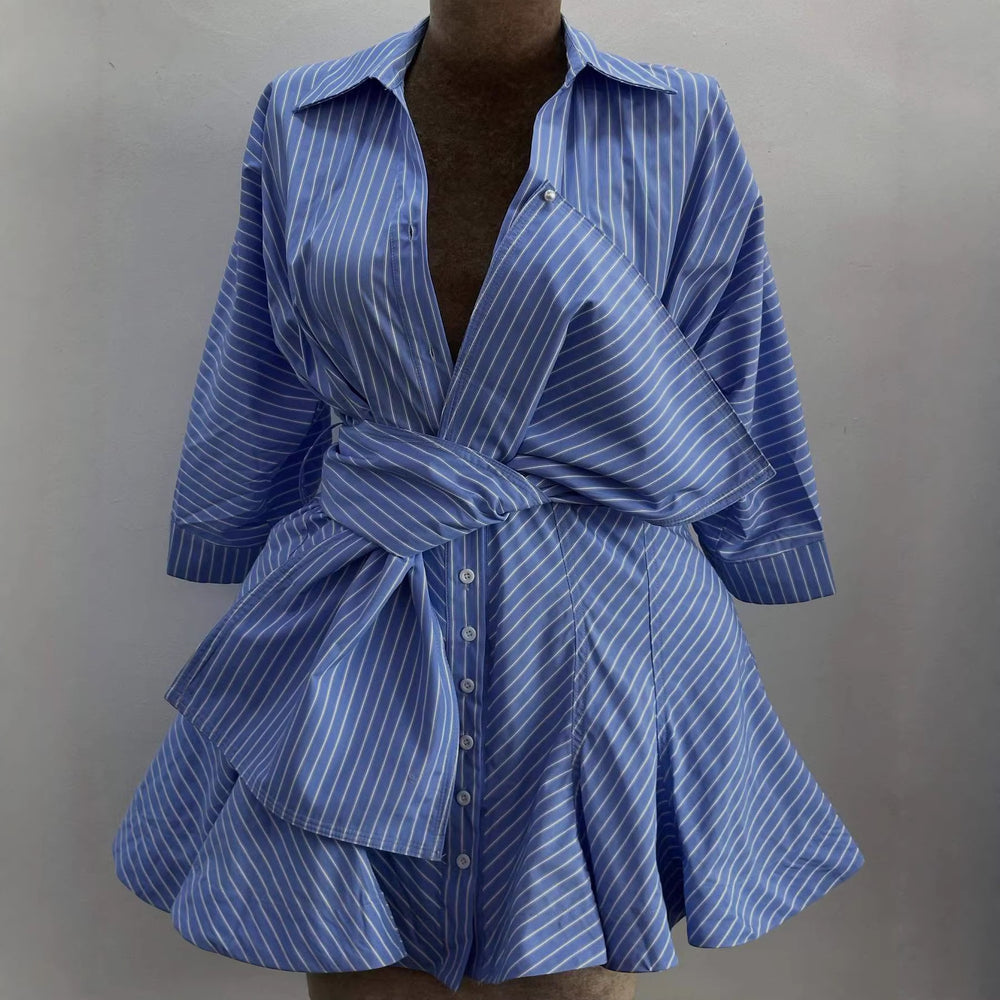 European and american cross-border women's fashion:  summer new arrival - stylish lapel blue and white striped tie-up irregular hem shirt dress