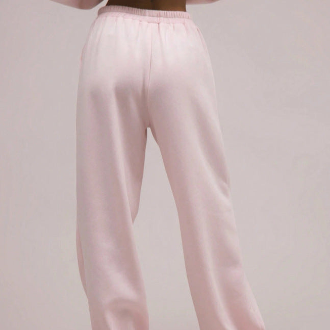 fashion light pink hooded sweatshirt suitloose drop shoulder drawstring wide leg sweatpants two-piece set