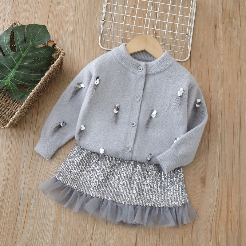 Girls' sequin sweater and skirt two-piece set - new autumn/winter korean style knitted outfit for baby girls