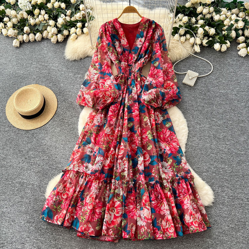 French retro v-neck lantern sleeve printed dress - women's  autumn collection - cinched waist, elegant ruffle hem maxi dress