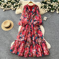 French retro v-neck lantern sleeve printed dress - women's  autumn collection - cinched waist, elegant ruffle hem maxi dress
