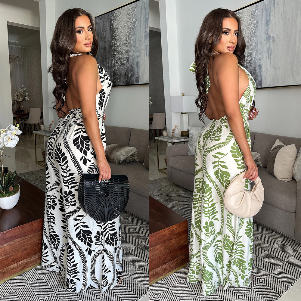 C7310 cross-border   fashion women's casual sexy deep v-neck backless printed jumpsuit
