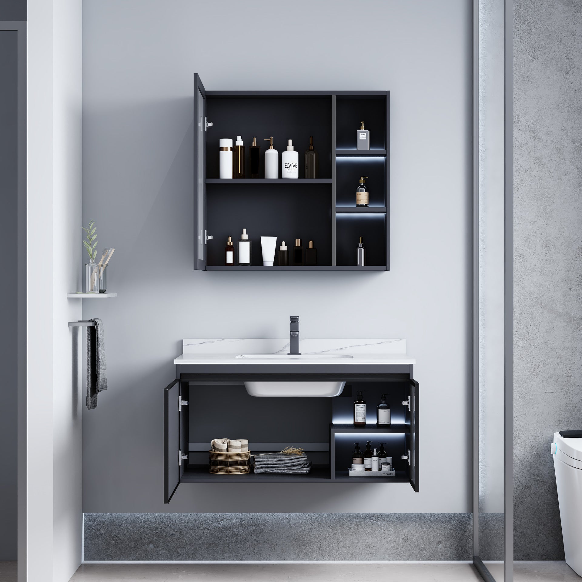 陶瓷一体盆浴室柜镜柜简约现代太空铝智能浴室柜组合套装一件批发