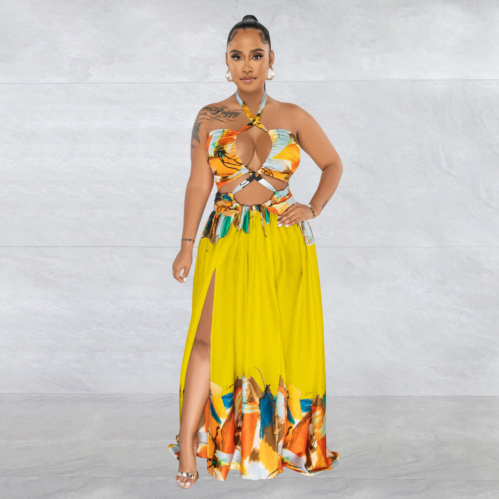 C6263 cross-border   fashion women's color block tie-up sleeveless bandeau maxi dress