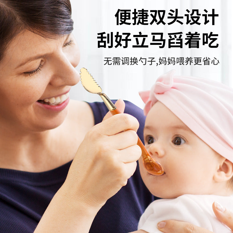 Double-headed mud scraping spoon baby silicone soft spoon baby food supplement artifact newborn eating fruit training fork and spoon set