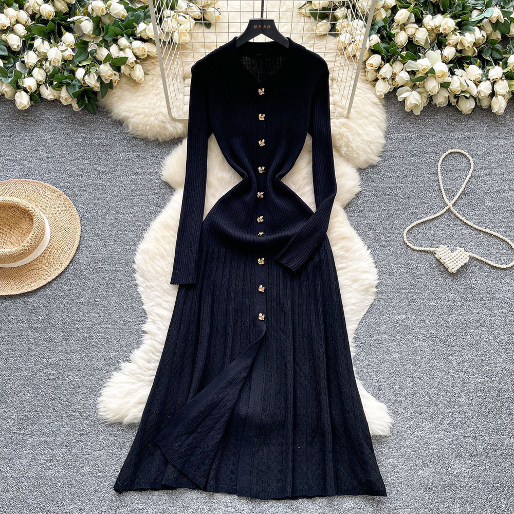 French retro polo collar long sleeve metallic buckle waist dress women's autumn slimming elegant crochet knit maxi dress