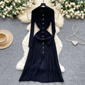 French retro polo collar long sleeve metallic buckle waist dress women's autumn slimming elegant crochet knit maxi dress