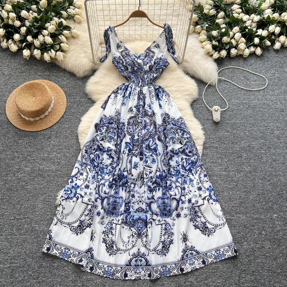 Palace style dress for women new arrivalniche styleretrofashionable styleprinting waist suspender long skirt