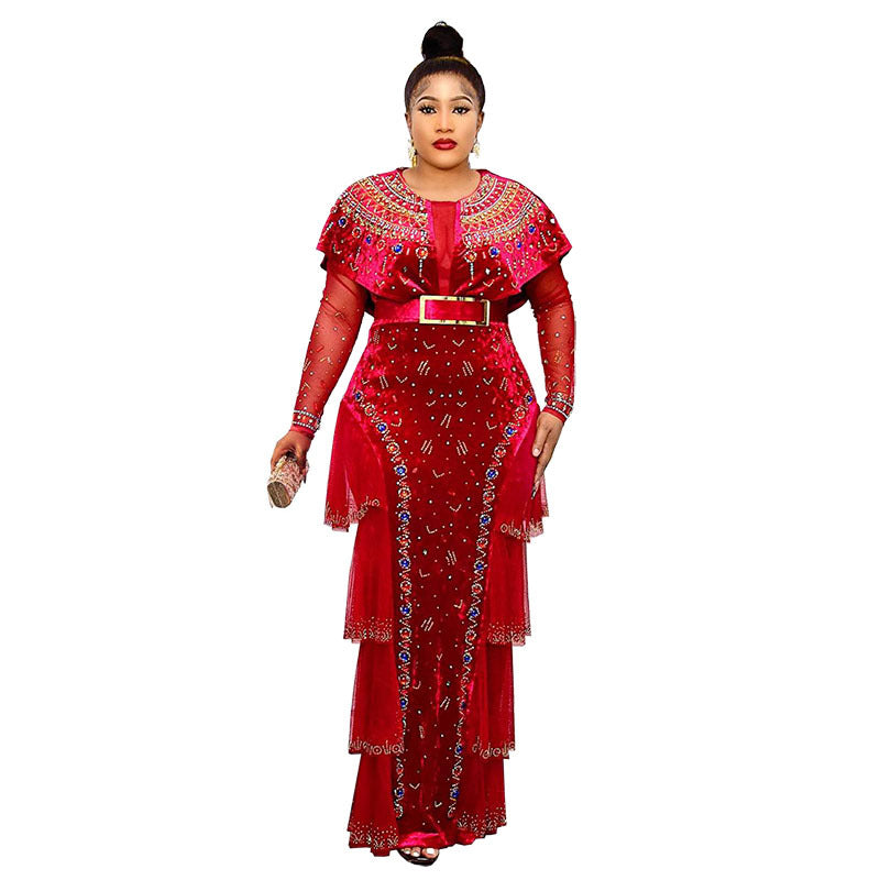 supply of luxury hot diamond beading round neck long sleeves dress gold velvet dress african fashion women's clothing