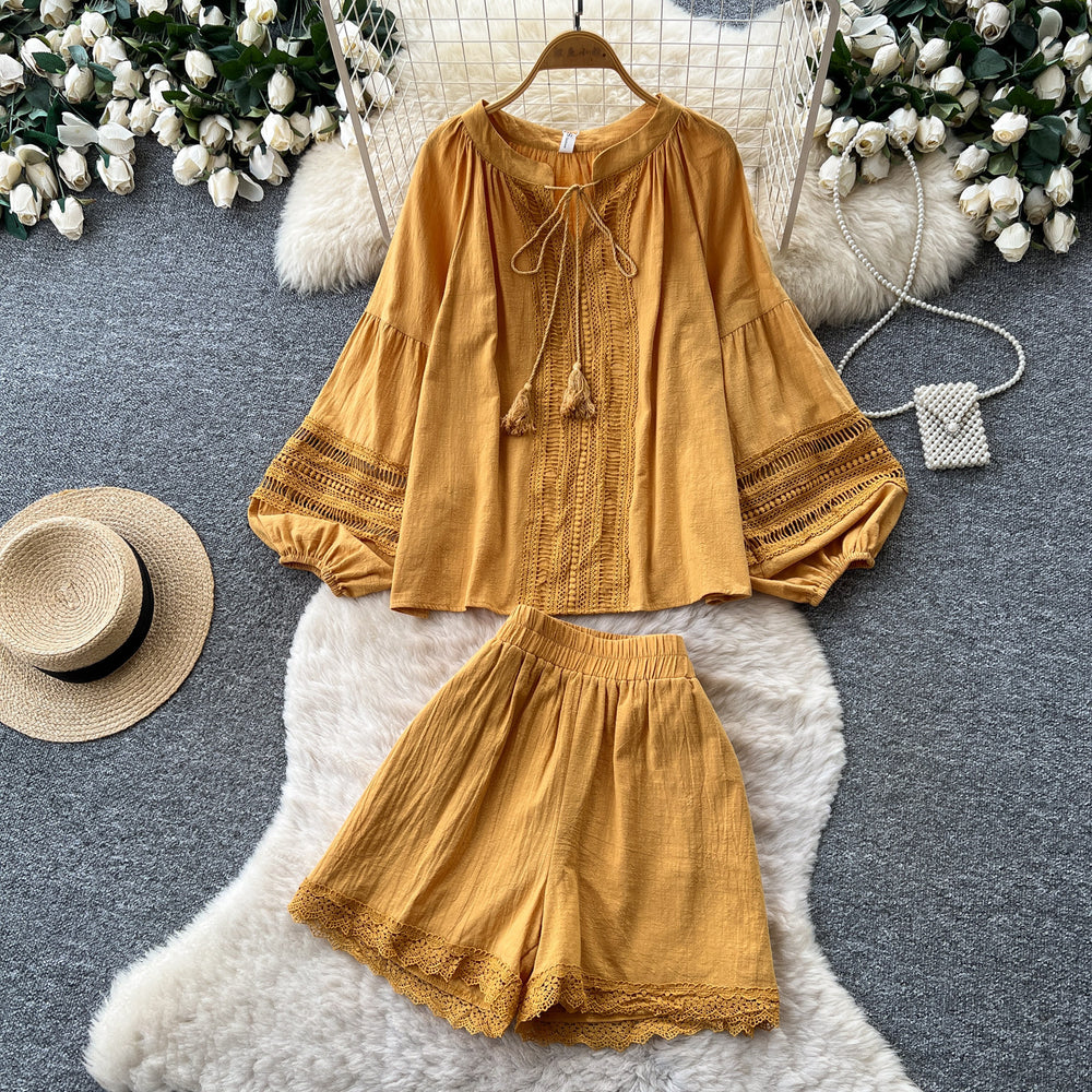 Gentle wind yellow cut outlacetwo-piece set female autumtie back lantern sleeve topssuit relaxed sense outfit