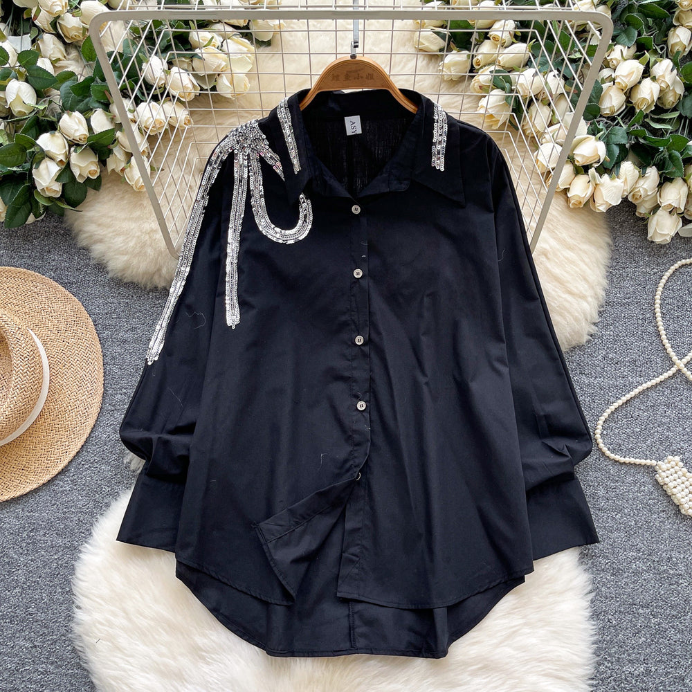 Stylish and versatile heavy sequin embroidered lapel long sleeve single-breasted blouse - women's autumn  loose fit slimming top