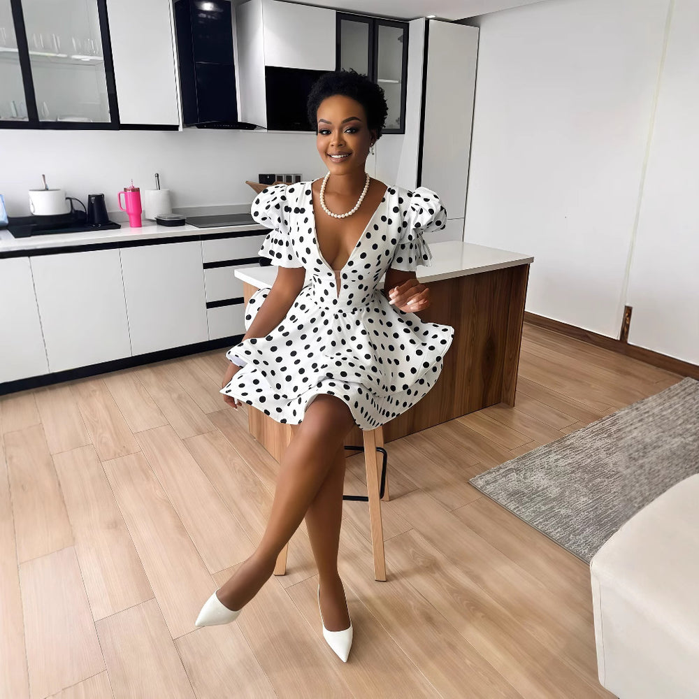 European and american cross-border women's fashion:  summer new arrival - polka dot print, puff sleeve, deep v-neck, ruffle trim, short dress