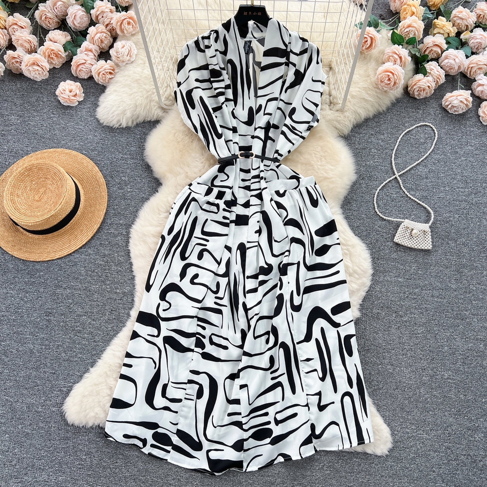 Luxury retro v-neck printed dress - women's summer french style tie-waist loose fit slimming midi shirt dress
