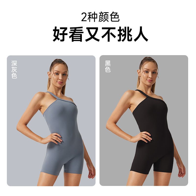 Fashion women's shoulder cut out yoga clothes sloping shoulder tight short one-piece yoga clothes with chest cotton training bodysuit